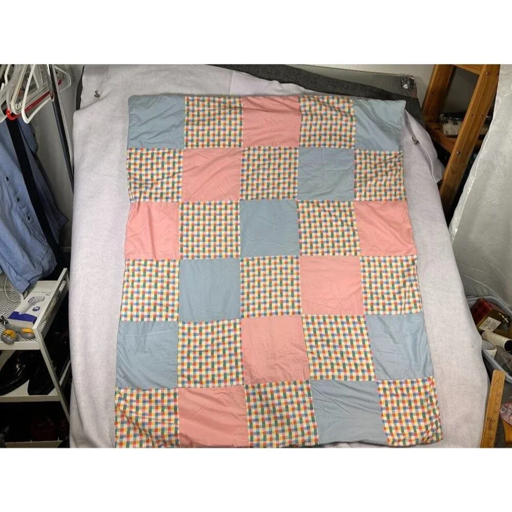 Vintage Baby Quilt Reversible Patchwork Plaid & Teddy Bears Blue Pink 37.5x44.5